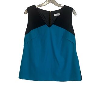 Calvin Klein Women's Lagoon Blue and Black V Neck Sleeveless Blouse LARGE -READ-